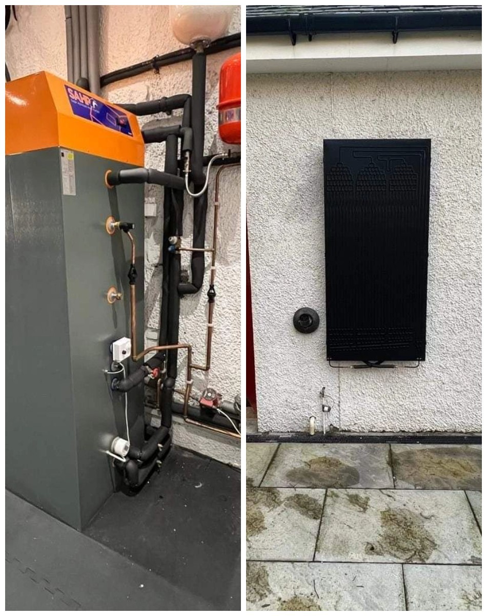 Photo collage. A thermodynamic panel mounted on a building exterior, connected to a solar assisted heat pump unit with pipes and a digital display.