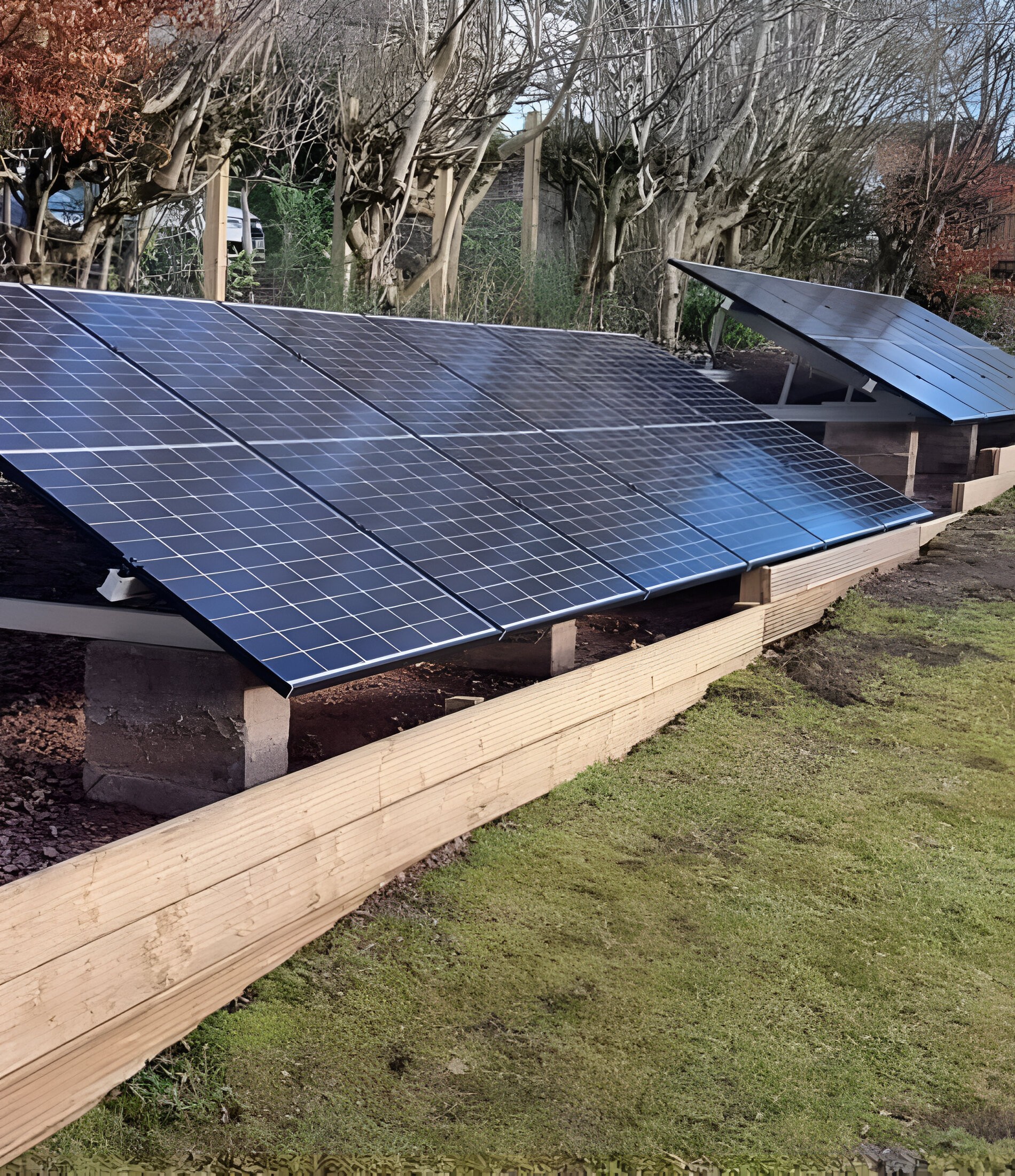 Solar PV array installed on the ground and connected to solar battery storage system