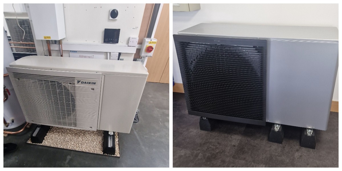 Photo collage of two Daikin air-to-water heat pumps