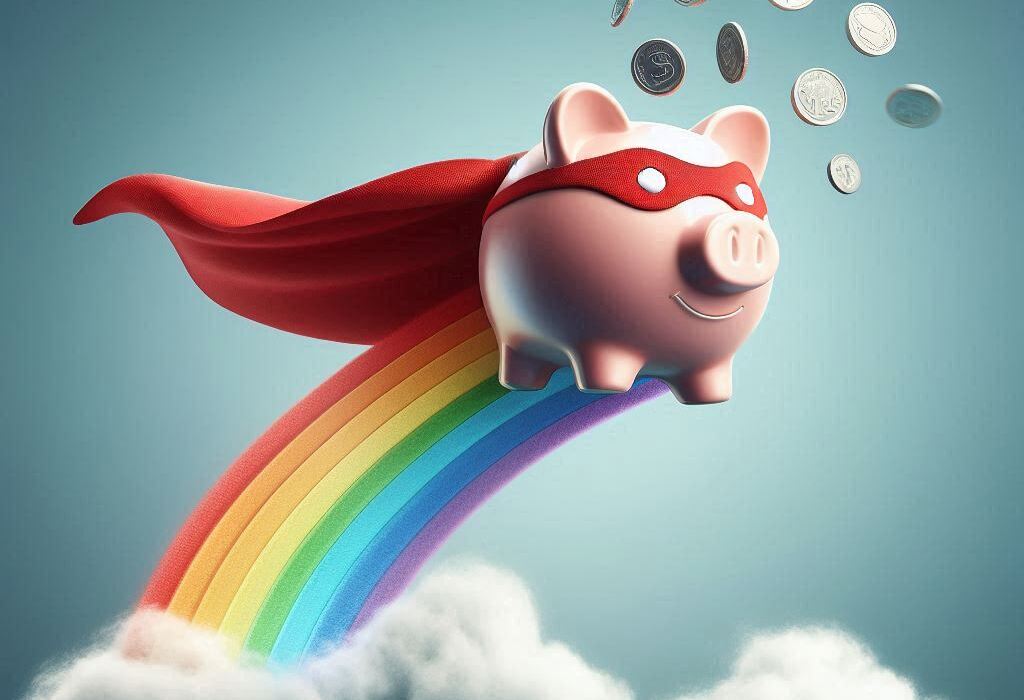 Flying pink piggy bank with a red cape and mask over a rainbow, with coins falling around