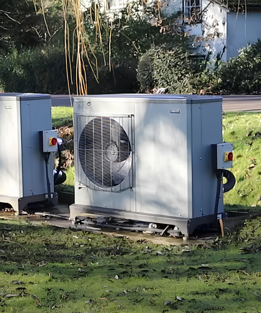 Two gray heat pumps installed in a garden in Edinburgh.