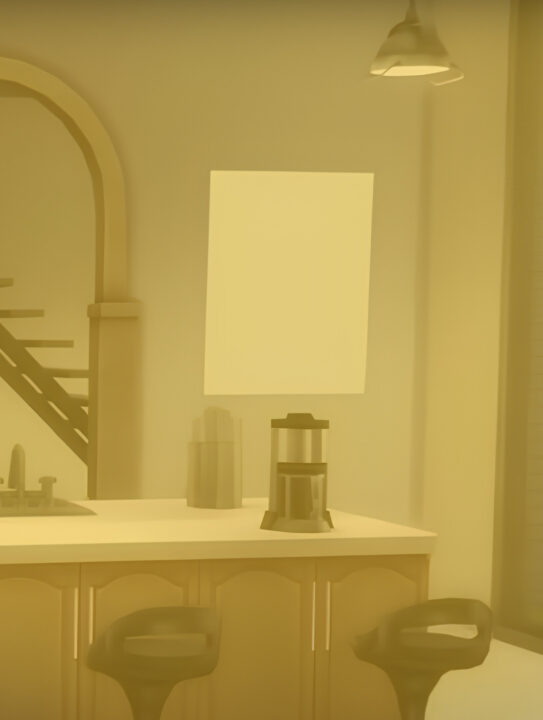 Cartoon kitchen with a coffee maker and a large window, with no visible infrared heater.