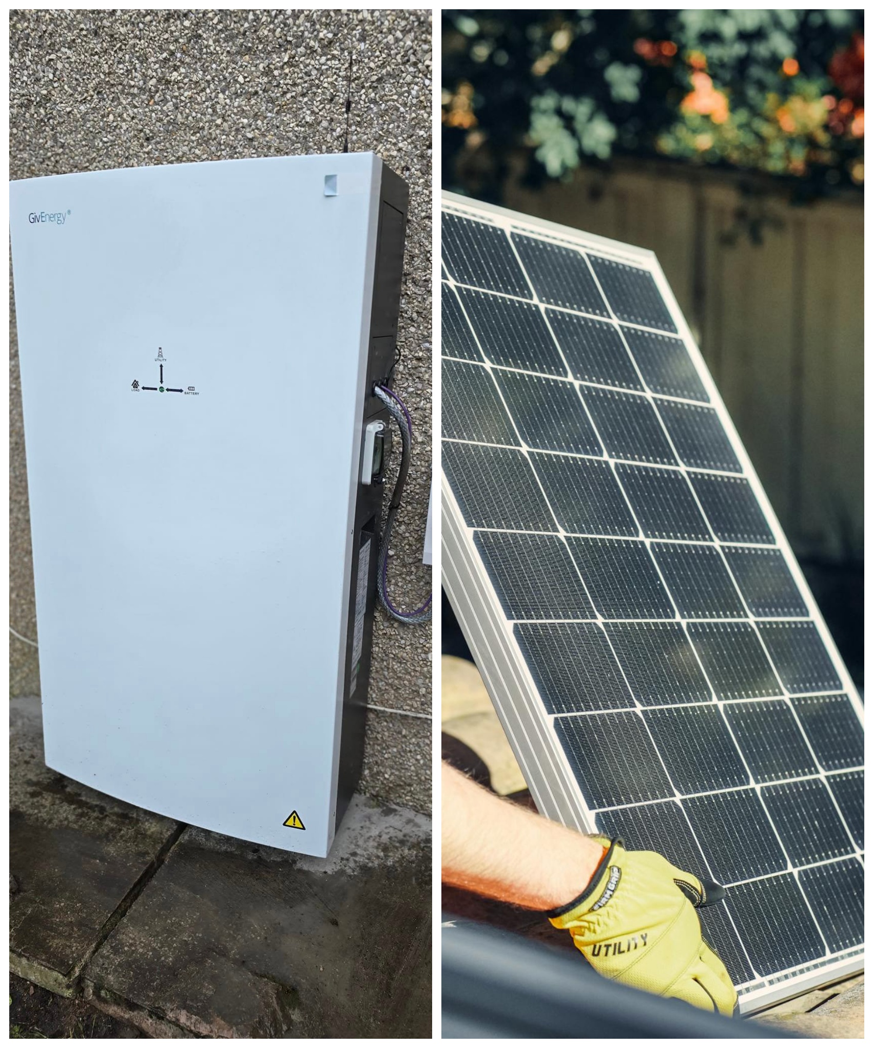 Collage of two images featuring a GivEnergy solar battery storage unit mounted on an exterior wall and a worker wearing utility gloves handling a single solar panel outdoors.