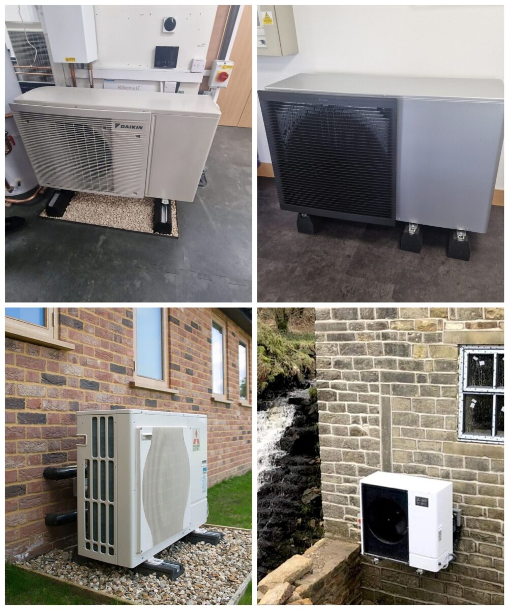 Photo collage showing four different Daikin air source heat pump installations in Scotland. The top left image shows a heat pump installed indoors on a concrete floor. The top right image shows a heat pump installed indoors on a concrete base. The bottom left image shows a heat pump installed outdoors on a concrete base next to a brick wall. The bottom right image shows a heat pump installed outdoors on a concrete base next to a waterfall.