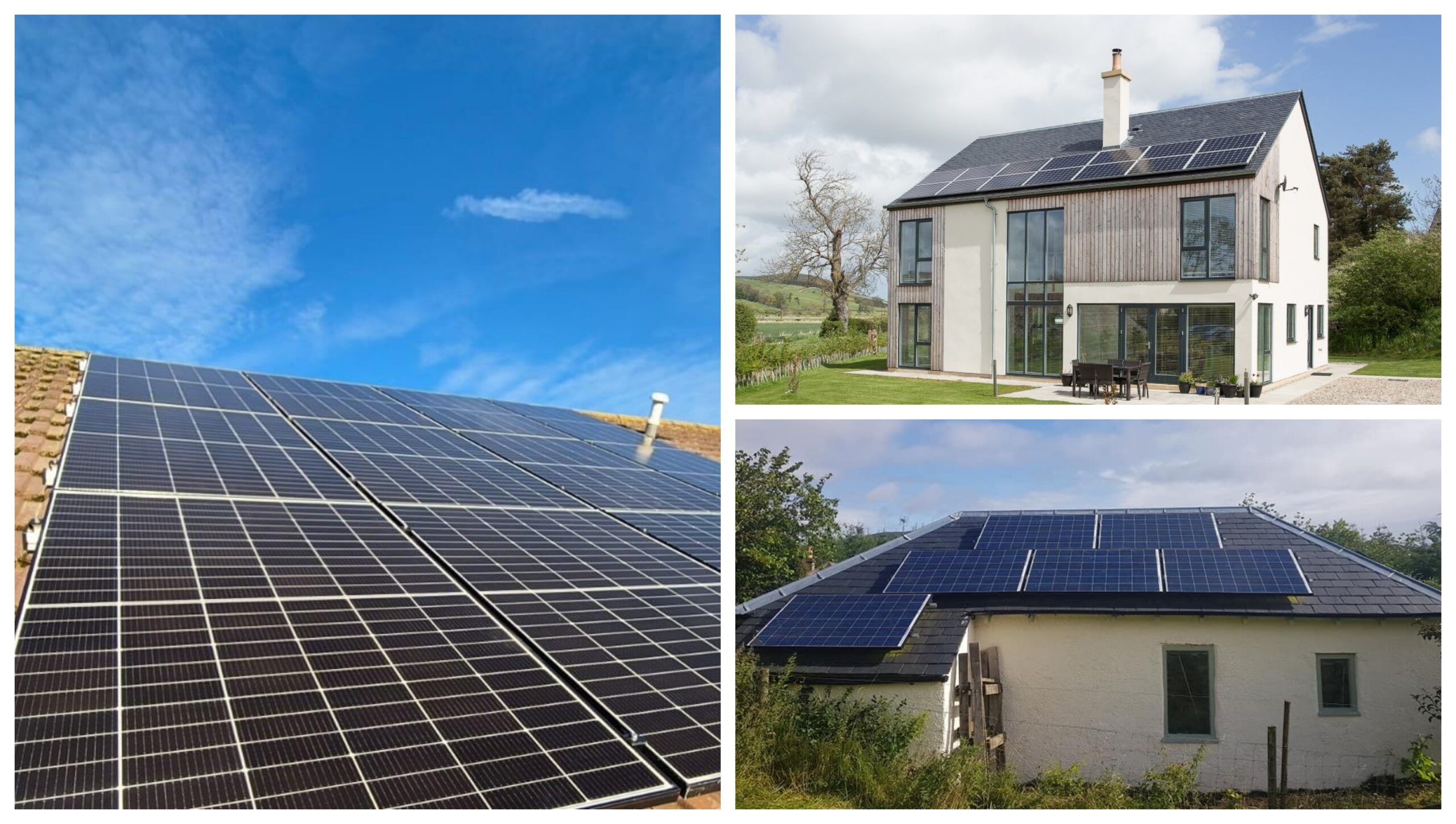 Photo collage showing three different solar panel installations on houses. The left image shows a close-up of solar panels on a pitched roof. The middle image shows a modern house with solar panels on the roof, a wooden deck, and large windows. The right image shows a traditional house with solar panels on a slate roof.