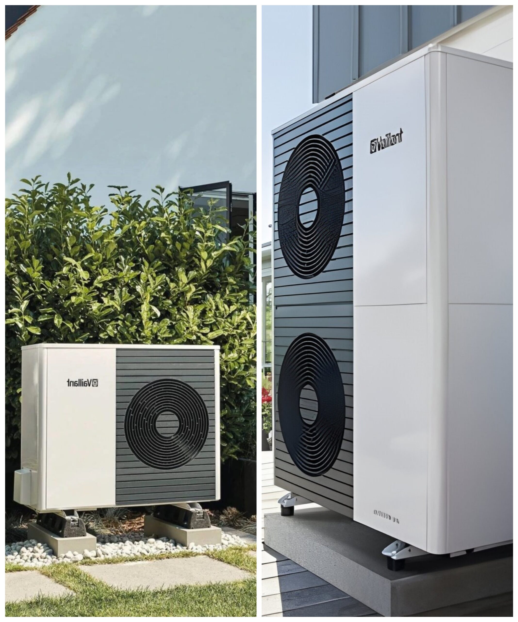 Photo collage showing two Vaillant Arotherm Plus air source heat pumps. The left image shows a heat pump installed outdoors on a concrete base with a green bush in the background. The right image shows a heat pump installed outdoors on a concrete base with a wooden deck in the background.