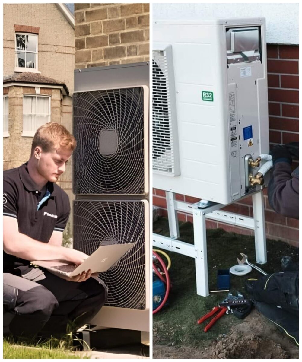 A photo collage showing two aspects of heat pump systems. On the left, a technician is working on a modern air source heat pump unit outside a brick house, using a laptop for diagnostics. On the right, tools and components are laid out as another technician services a heat pump system mounted on a wall with an R32 refrigerant label.