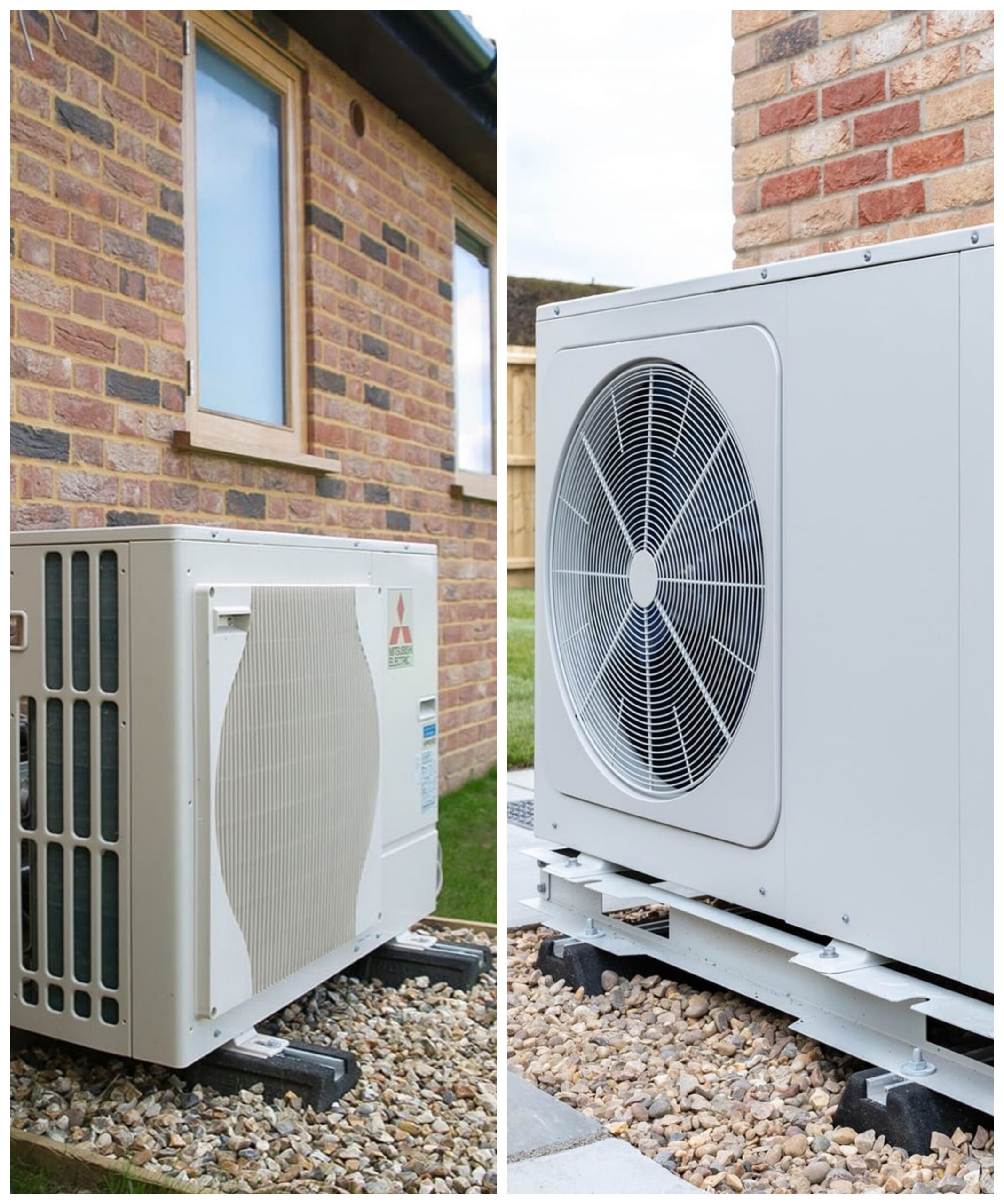 Photo collage showing two Mitsubishi air source heat pump installations. The left image shows a heat pump installed outdoors on a concrete base next to a brick wall. The right image shows a heat pump installed outdoors on a concrete base with a gravel surface in the background.