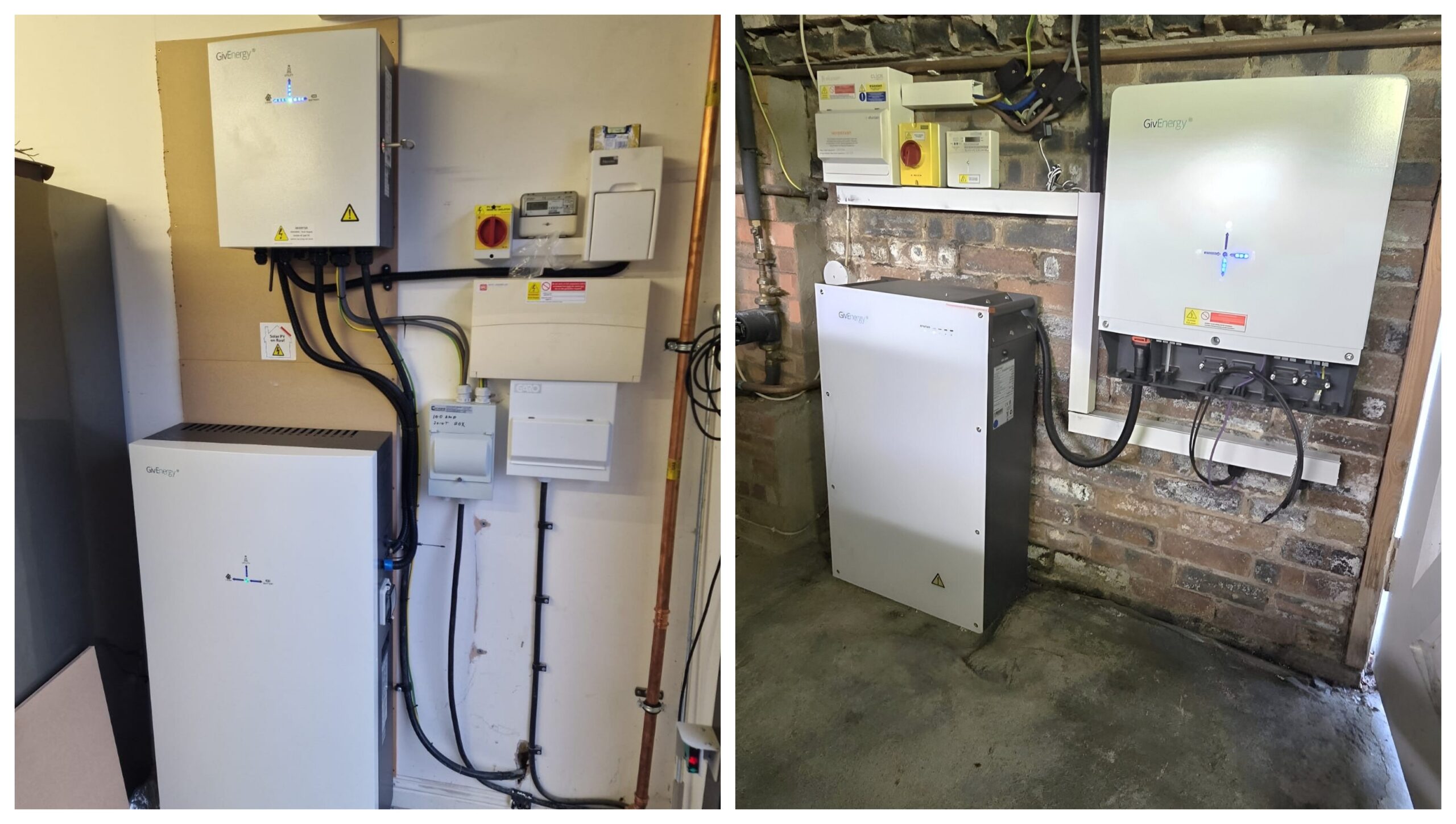 Photo collage showing two different solar panel system installations. The left image shows a solar inverter and battery bank mounted on a wall in a garage. The right image shows a solar inverter and battery bank mounted on a brick wall in a basement.