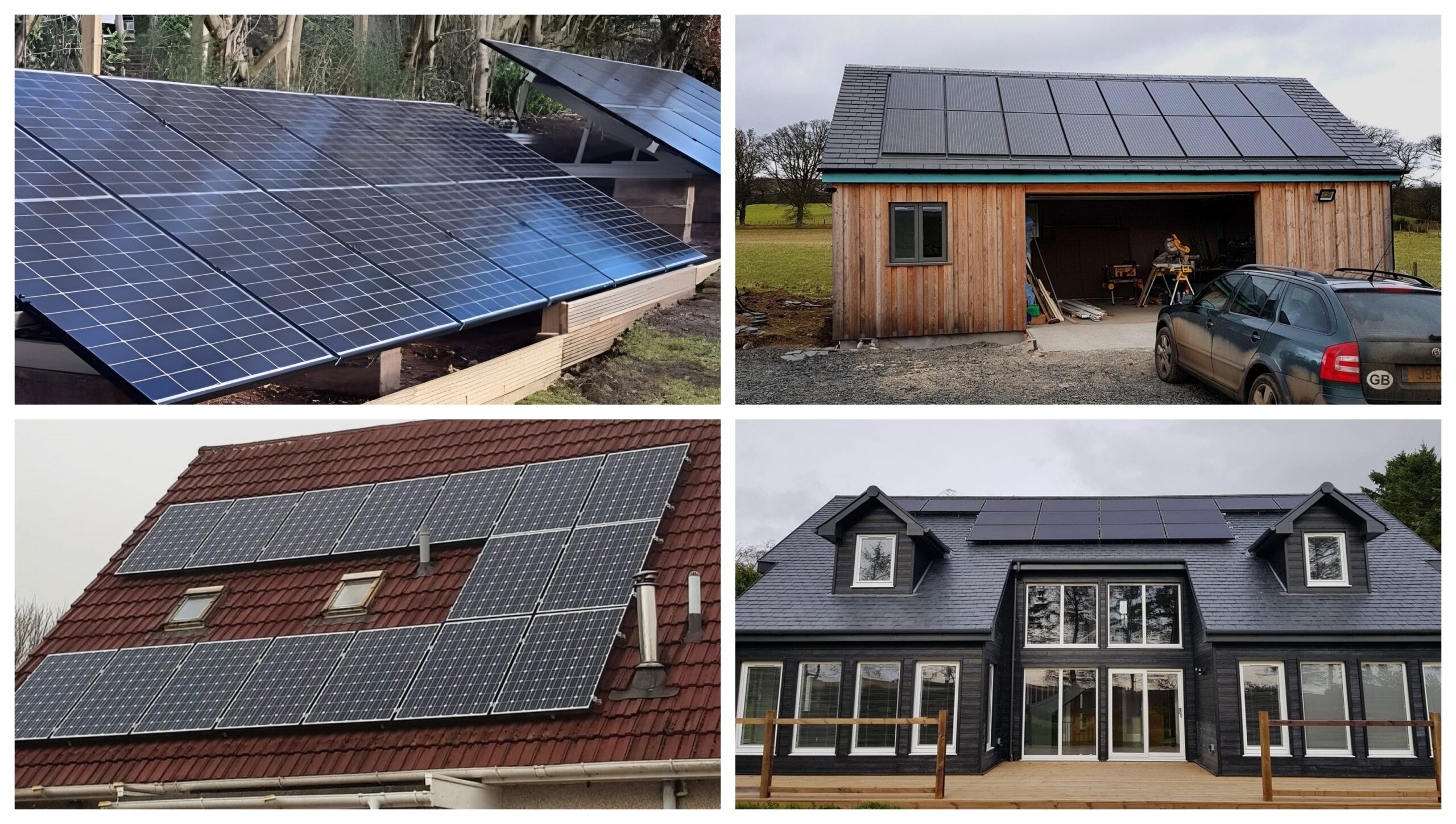 Photo collage showing four different solar panel installations on houses and outbuildings. The top left image shows solar panels installed on a ground-mounted frame in a garden. The top right image shows solar panels installed on the roof of a garage. The bottom left image shows solar panels installed on a traditional red tile roof. The bottom right image shows solar panels installed on a modern house with a black slate roof.