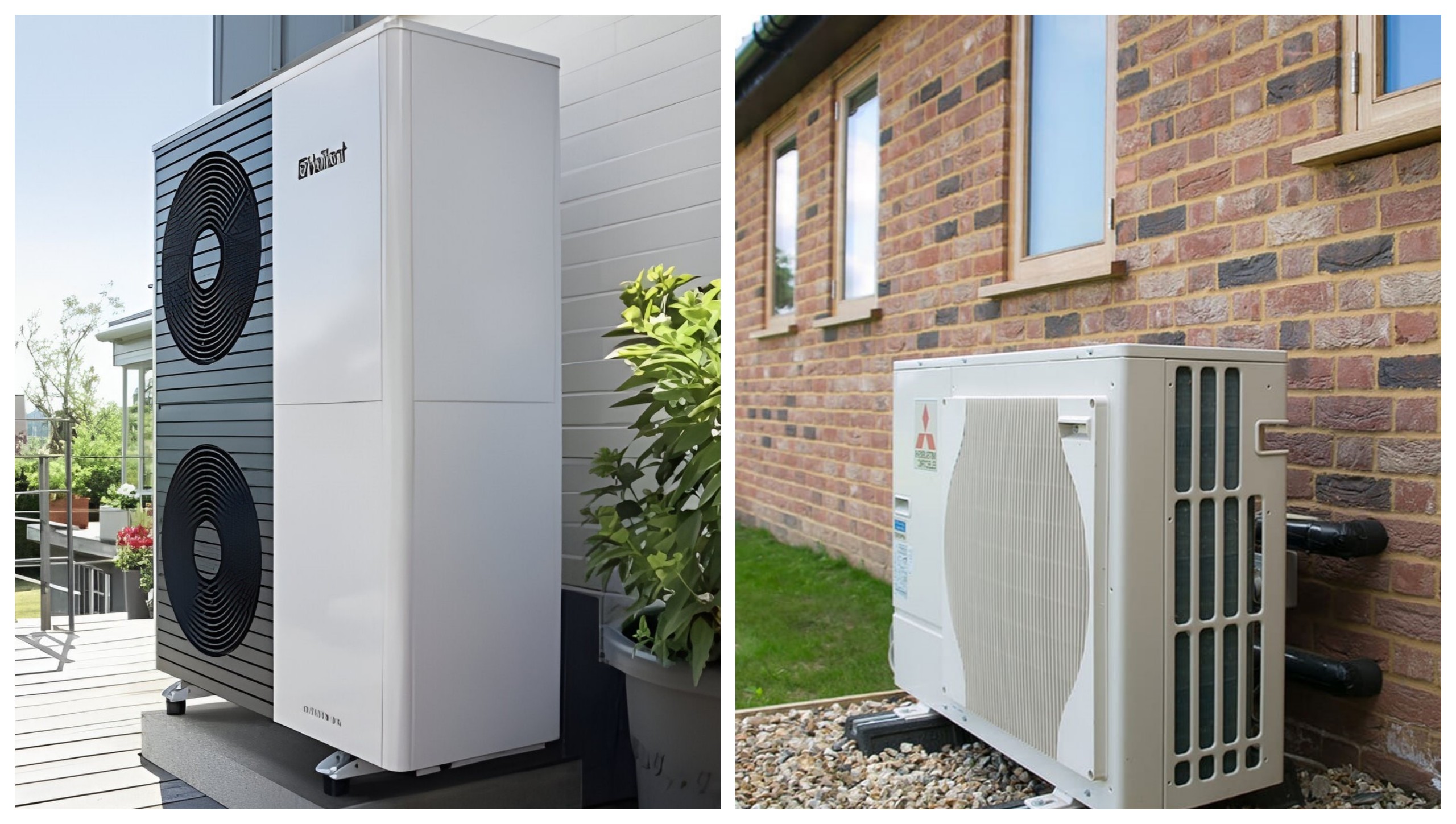 Photo collage showing two different air source heat pump installations. The left image shows a Vaillant air source heat pump installed outdoors on a concrete base next to a wooden deck. The right image shows a Mitsubishi air source heat pump installed outdoors on a concrete base next to a brick wall.