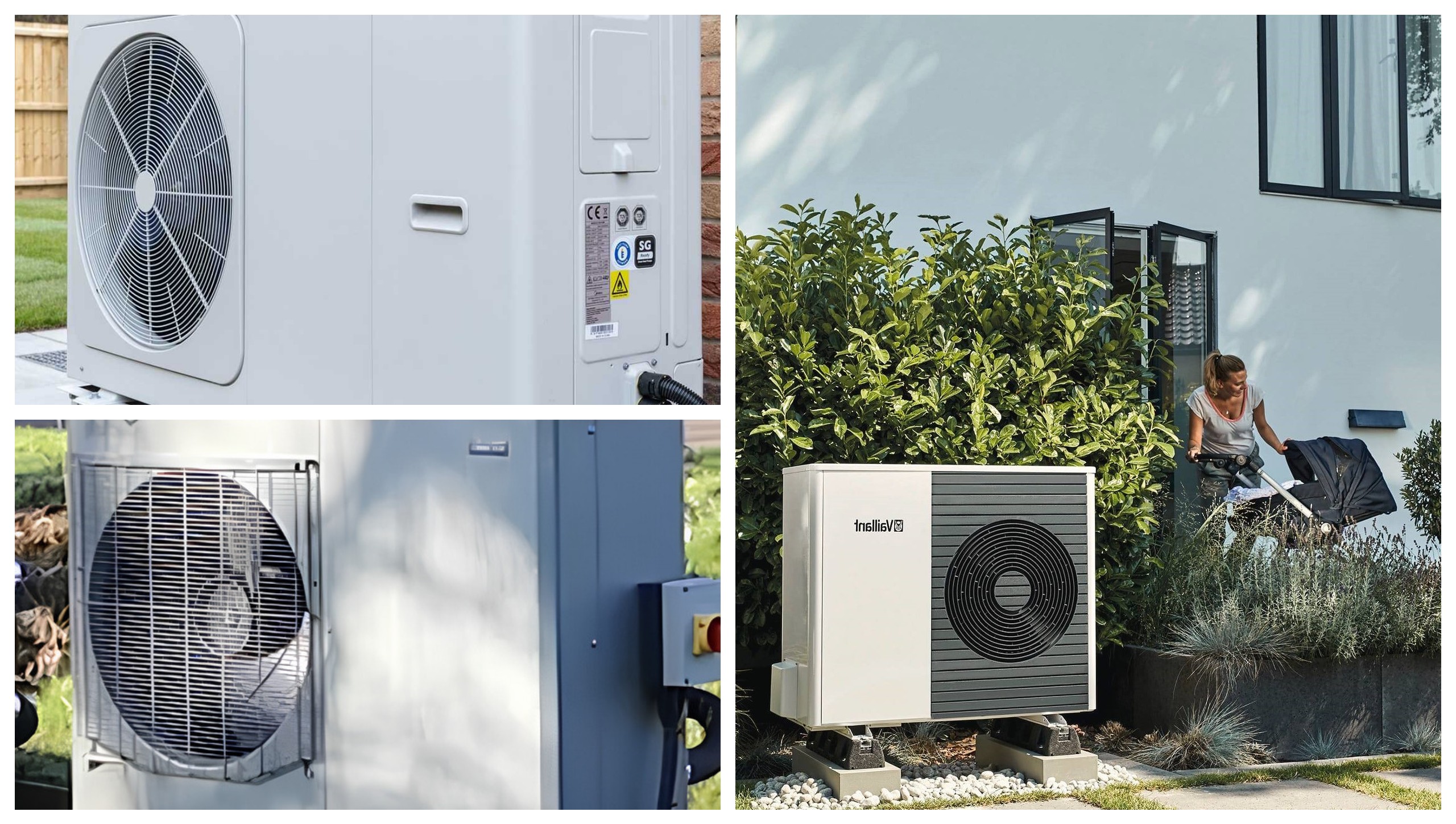 Photo collage showing three different air source heat pump installations. The top image shows a close-up of an air source heat pump with a fan and a control panel. The middle image shows a close-up of an air source heat pump with a metal grille covering the front. The bottom image shows an air source heat pump installed outdoors on a concrete base next to a house with a woman standing nearby.