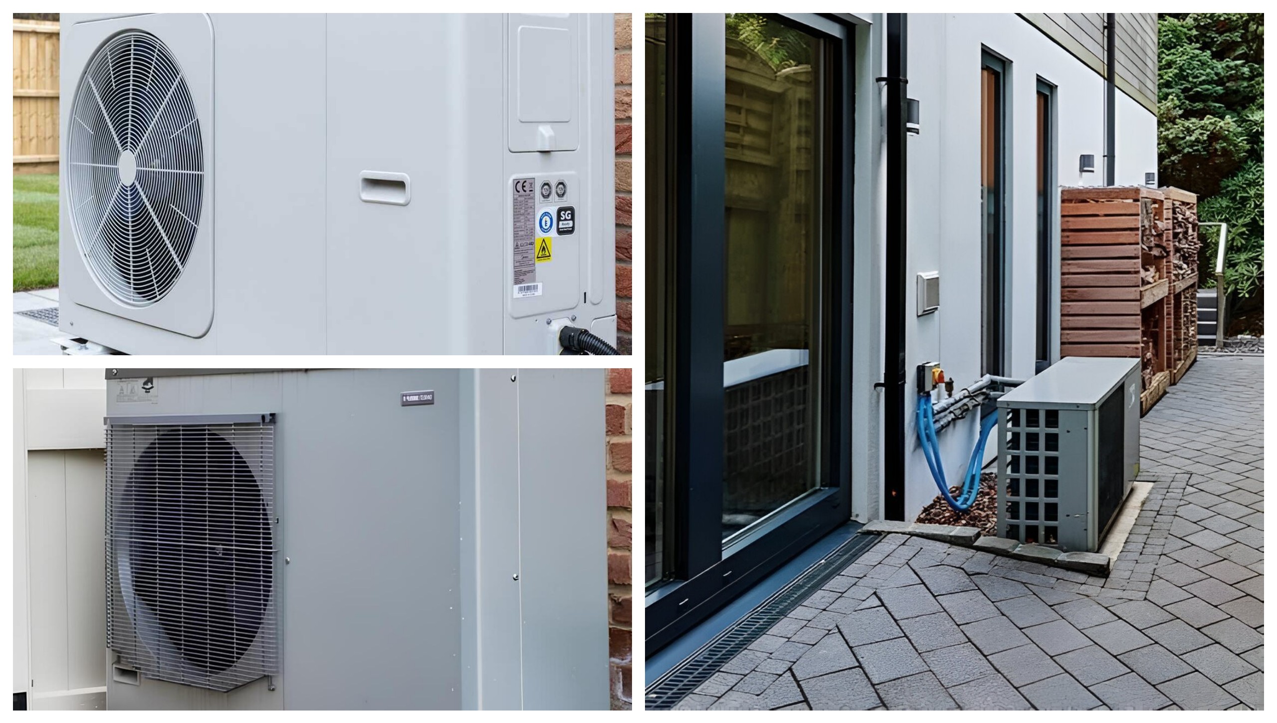 Photo collage showing three different air source heat pump installations. The top image shows a close-up of an air source heat pump with a fan and a control panel. The middle image shows a close-up of an air source heat pump with a metal grille covering the front. The bottom image shows an air source heat pump installed outdoors on a concrete base next to a house with a patio and garden.