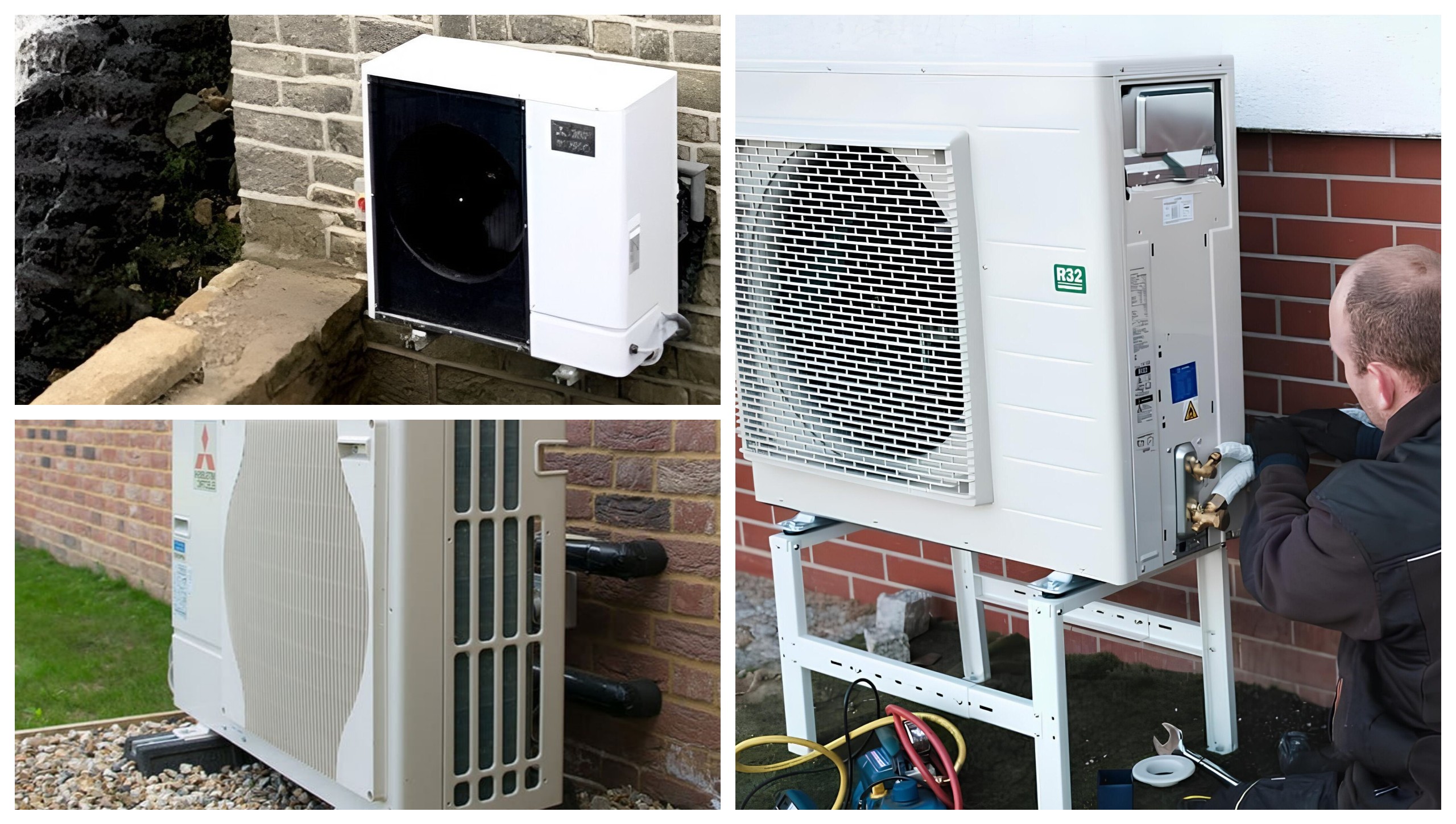 A photo collage featuring three outdoor heat pump units. The top-left image shows a heat pump mounted on a stone wall with visible pipes. The bottom-left image displays another heat pump installed near a brick wall with black insulated pipes connected. The right-side image shows a technician in gloves working on a heat pump unit mounted on a stand, with tools and cables scattered on the ground.