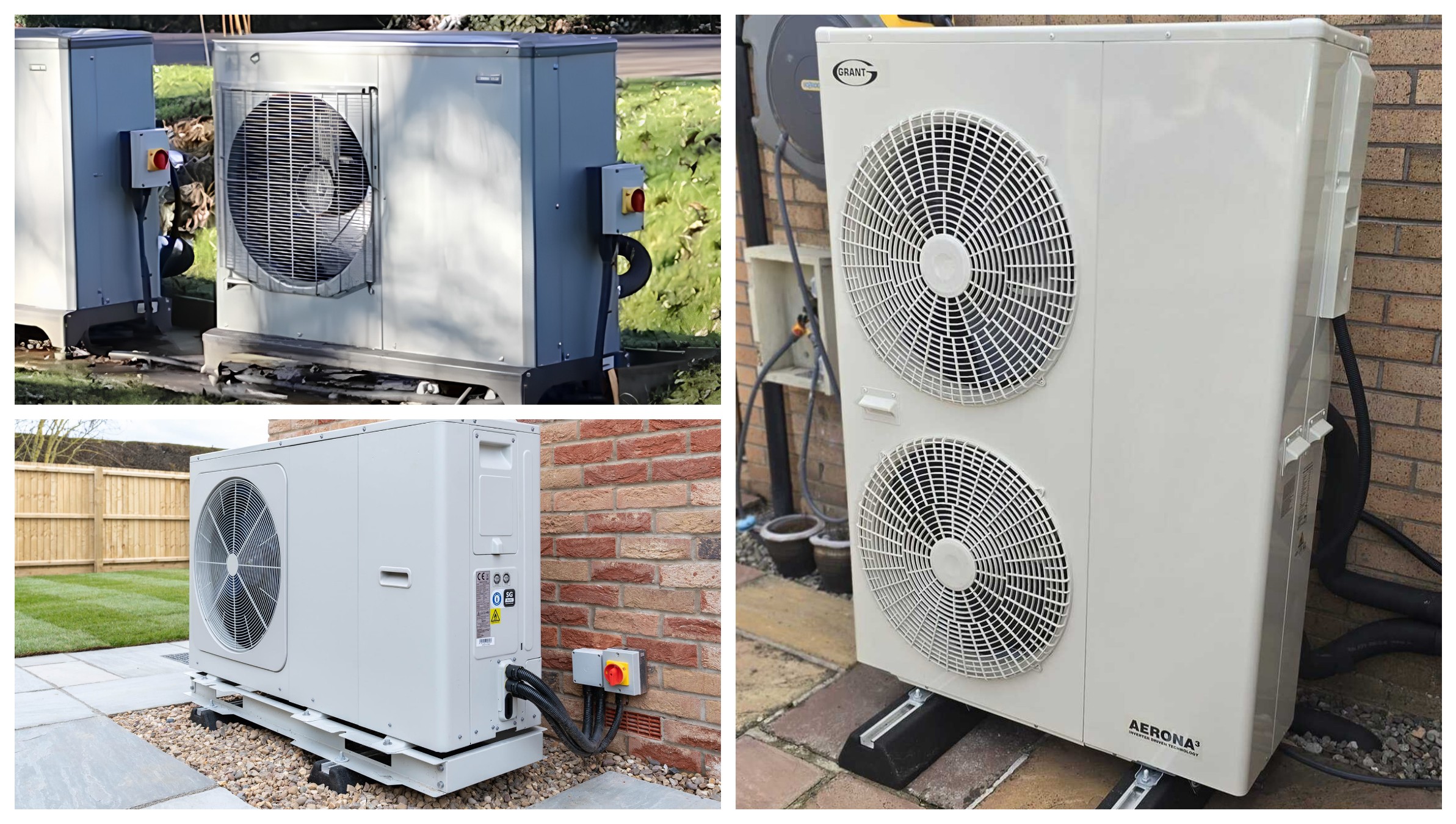 Photo collage showing three different Grant Aerona air source heat pump installations. The top left image shows a close-up of an air source heat pump with a fan and a metal grille covering the front. The bottom left image shows an air source heat pump installed outdoors on a concrete base next to a brick wall. The right image shows a Grant Aerona 3 air source heat pump installed outdoors on a concrete base with a garden in the background.
