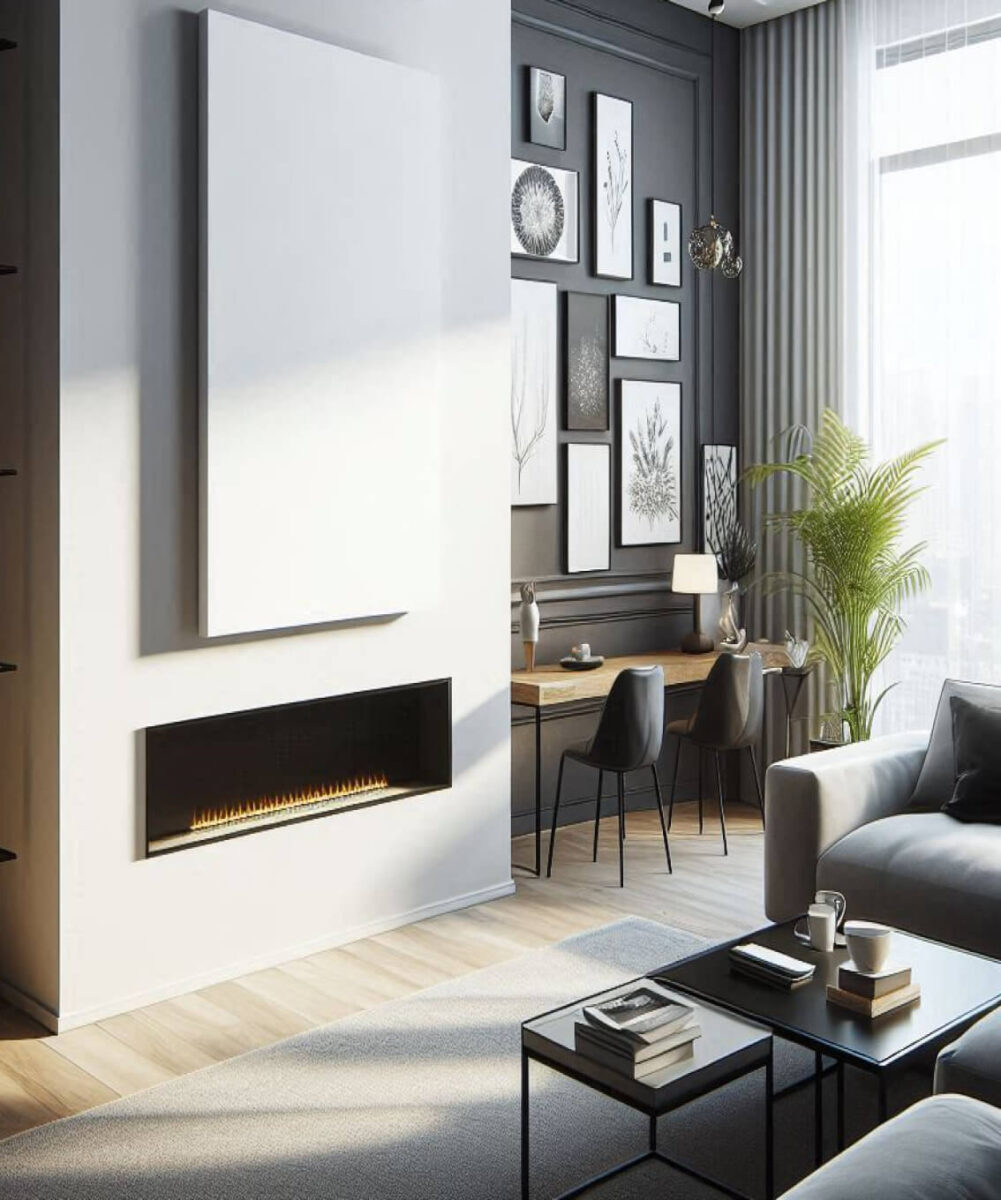 A sleek, glossy infrared heating panel professionally mounted on the wall in a modern living room, providing efficient and stylish home heating.