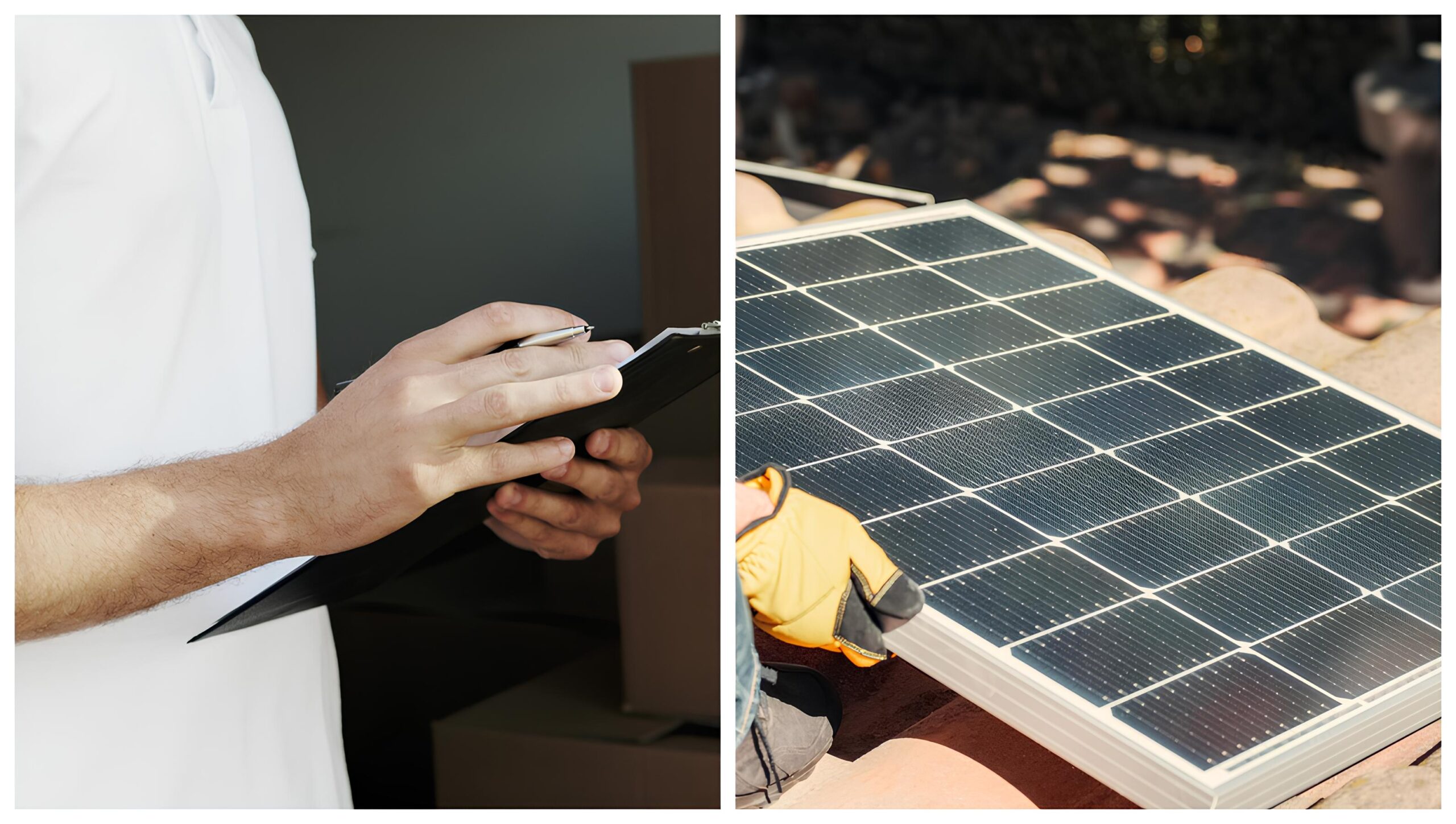 A photo showing the early phase of solar-assisted heat pump installation, with technicians inspecting the site and setting up components like solar panels.