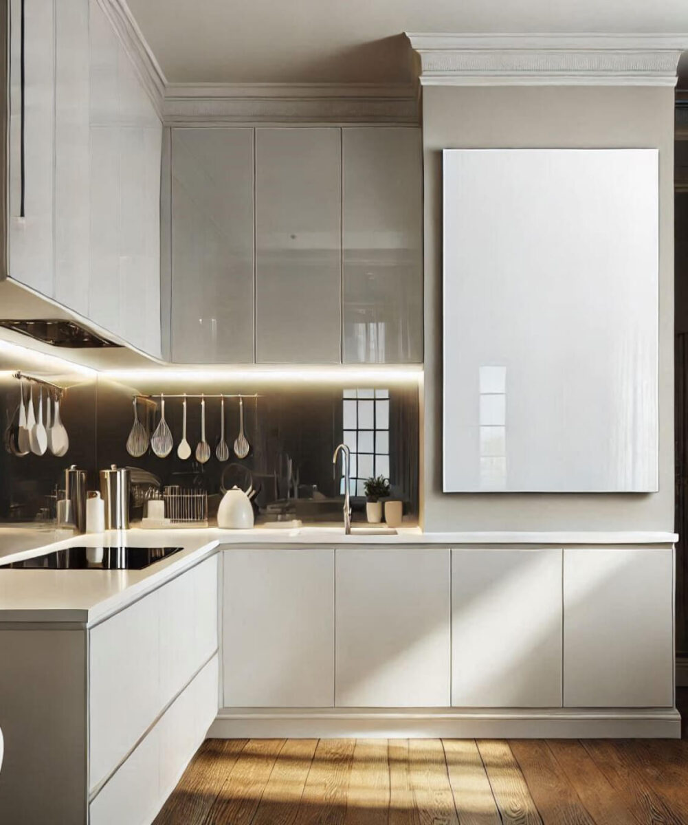 A professionally installed infrared heating panel in a stylish modern kitchen, blending efficiency and aesthetics for a warm, inviting space.