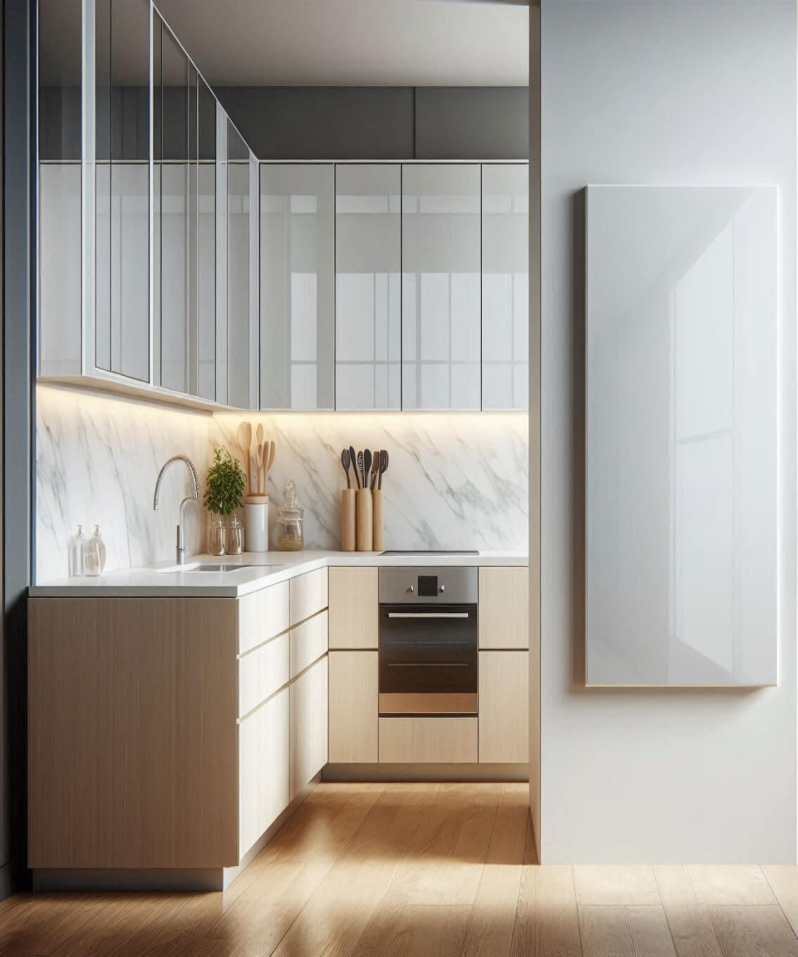 A high-gloss, wall-mounted infrared heating panel in a contemporary kitchen, providing efficient and discreet heating while complementing the modern decor.