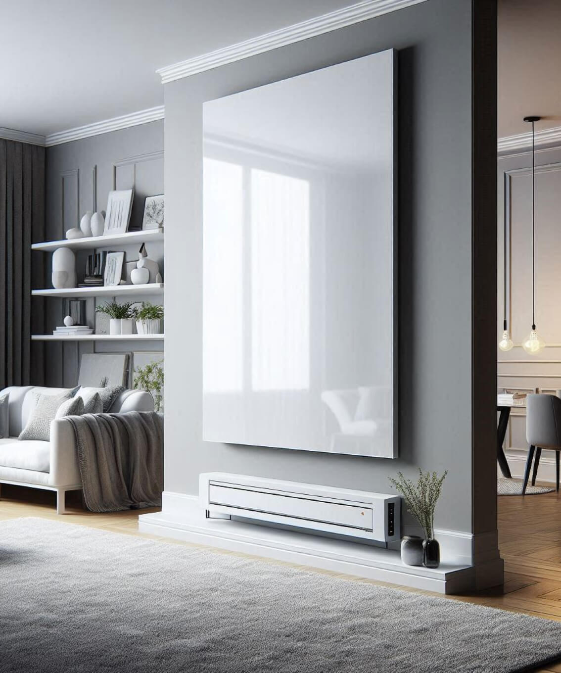 A reflective, high-performance infrared heating panel seamlessly integrated into a contemporary living room, ensuring comfortable and cost-effective warmth.