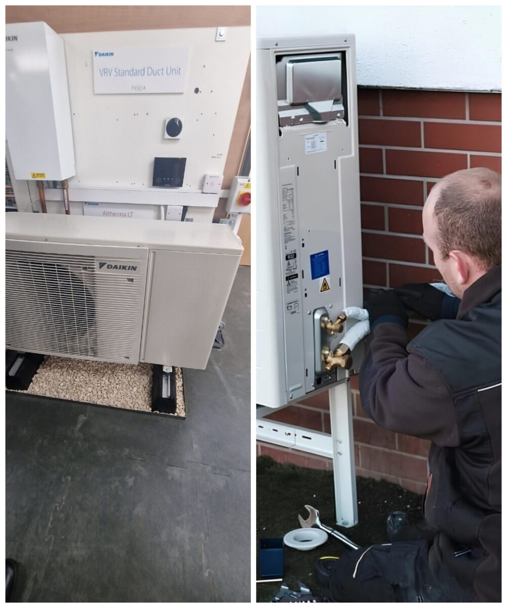 A professional technician installing an energy-efficient air source heat pump outside a modern residential home.