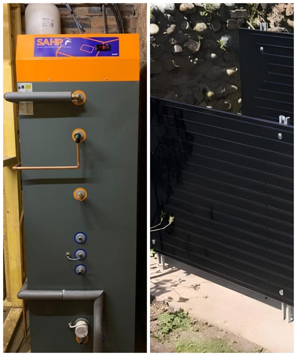 A modern solar-assisted heat pump installed outside a home, offering an eco-friendly and cost-effective heating and cooling solution.