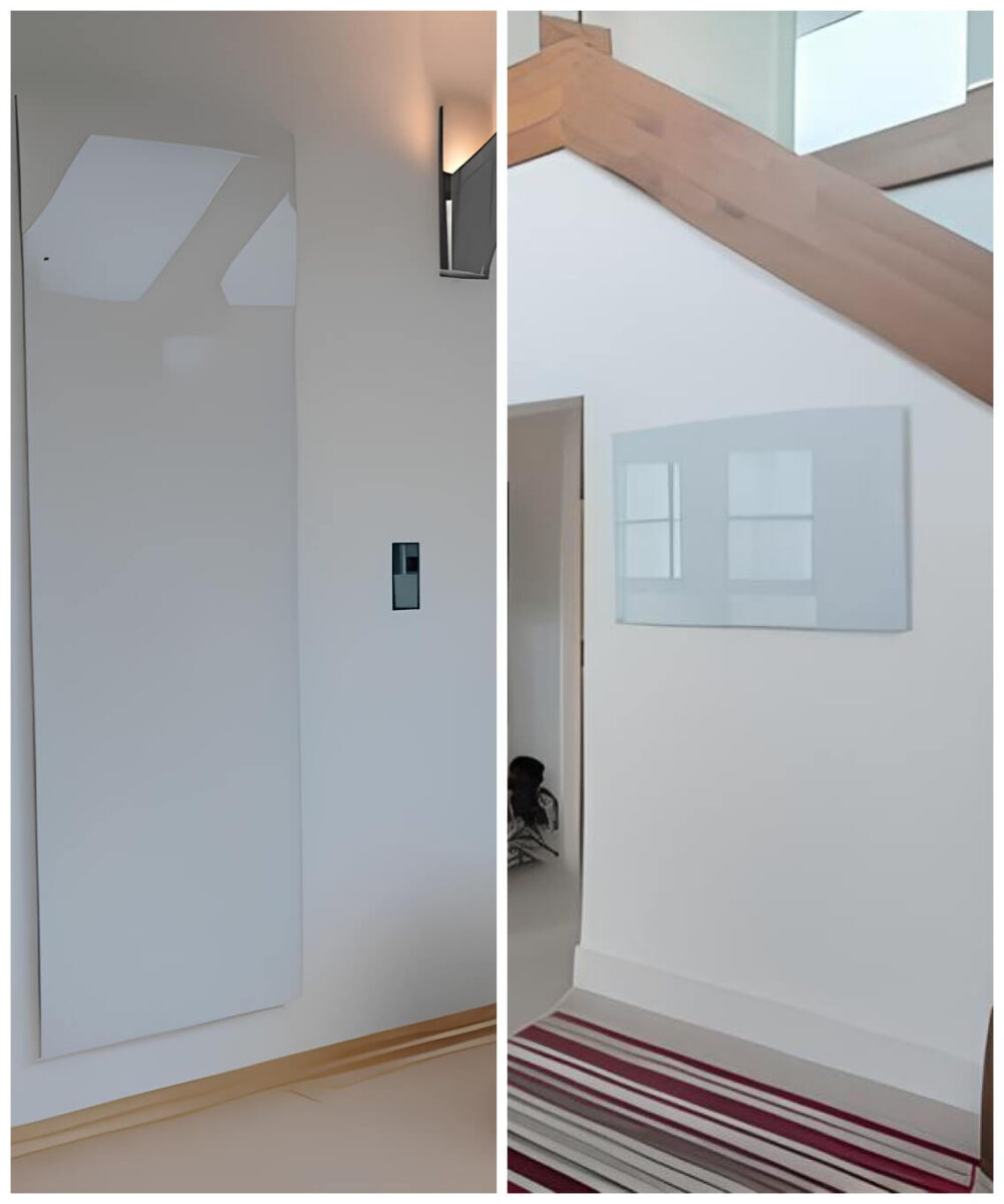 A professionally mounted infrared heating panel with a sleek, smooth surface, providing efficient and stylish heating in a residential space.
