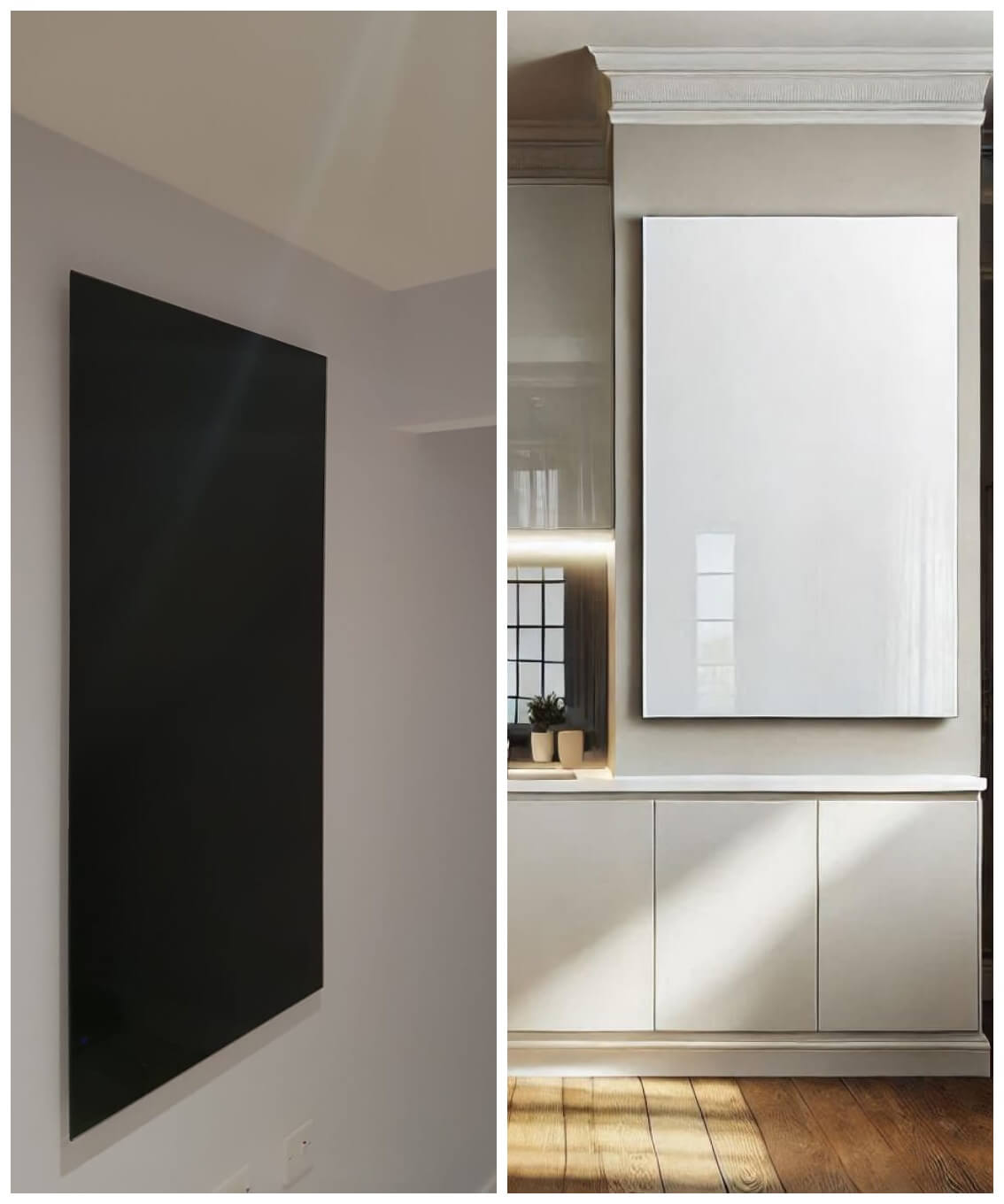 A high-quality infrared heating panel with a glossy finish, installed on the wall for effective and energy-efficient heating in a modern home.