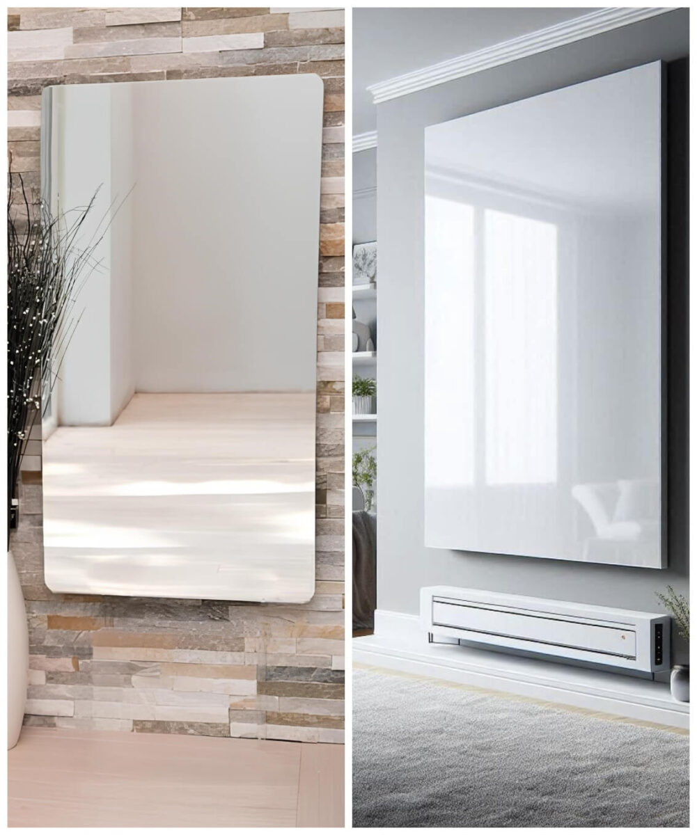 An infrared heating panel with a smooth and reflective surface, professionally installed to deliver optimal heating performance in a residential space.