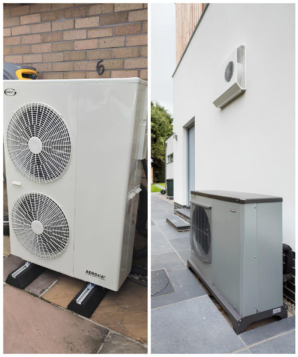 Modern air source heat pump professionally installed for an energy-efficient home heating and cooling solution.