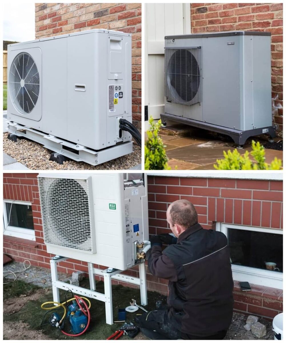 Professionally installed air source heat pumps in an outdoor setting, designed for high energy efficiency and sustainable home heating.