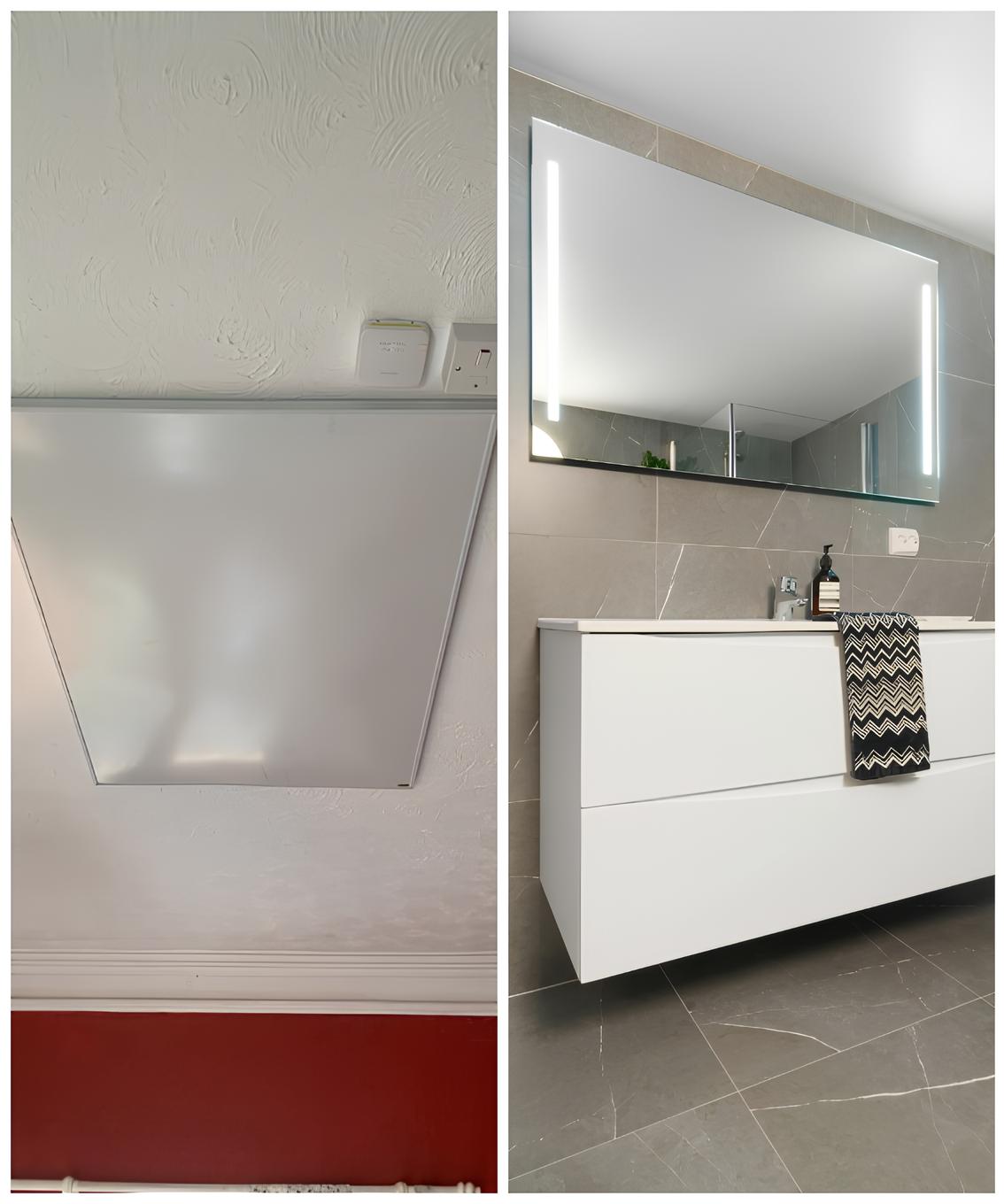 Discreet wall-mounted infrared heaters seamlessly integrated into home interiors for efficient space heating and low energy consumption.