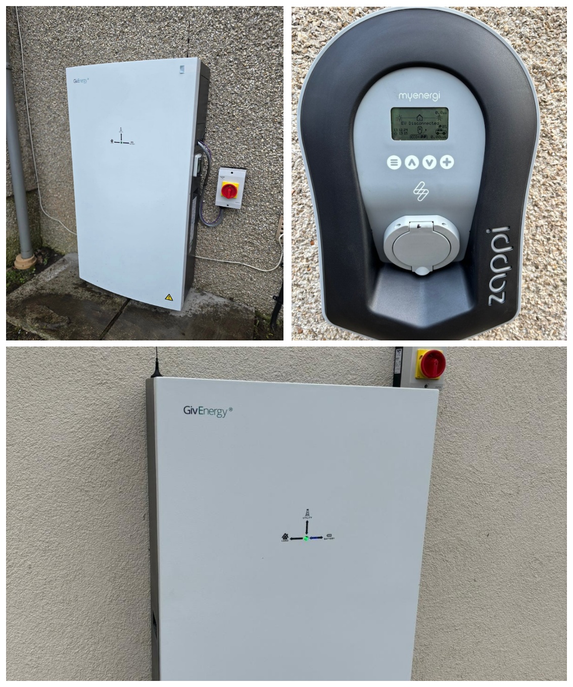 Photo collage showing two different solar panel system components. The top left image shows a myenergi zappi electric vehicle charger. The top right image shows a GivEnergy battery. The bottom left image shows another a GivEnergy battery.