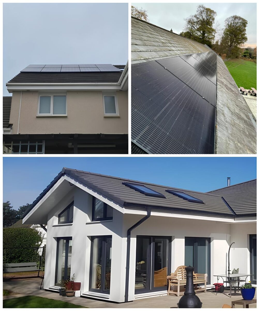 Two-part image showing sleek, high-efficiency solar PV cells mounted on a pitched house roof, reflecting skilled installation and sustainable power generationTwo-part image showing sleek, high-efficiency solar PV cells mounted on a pitched house roof, reflecting skilled installation and sustainable power generation