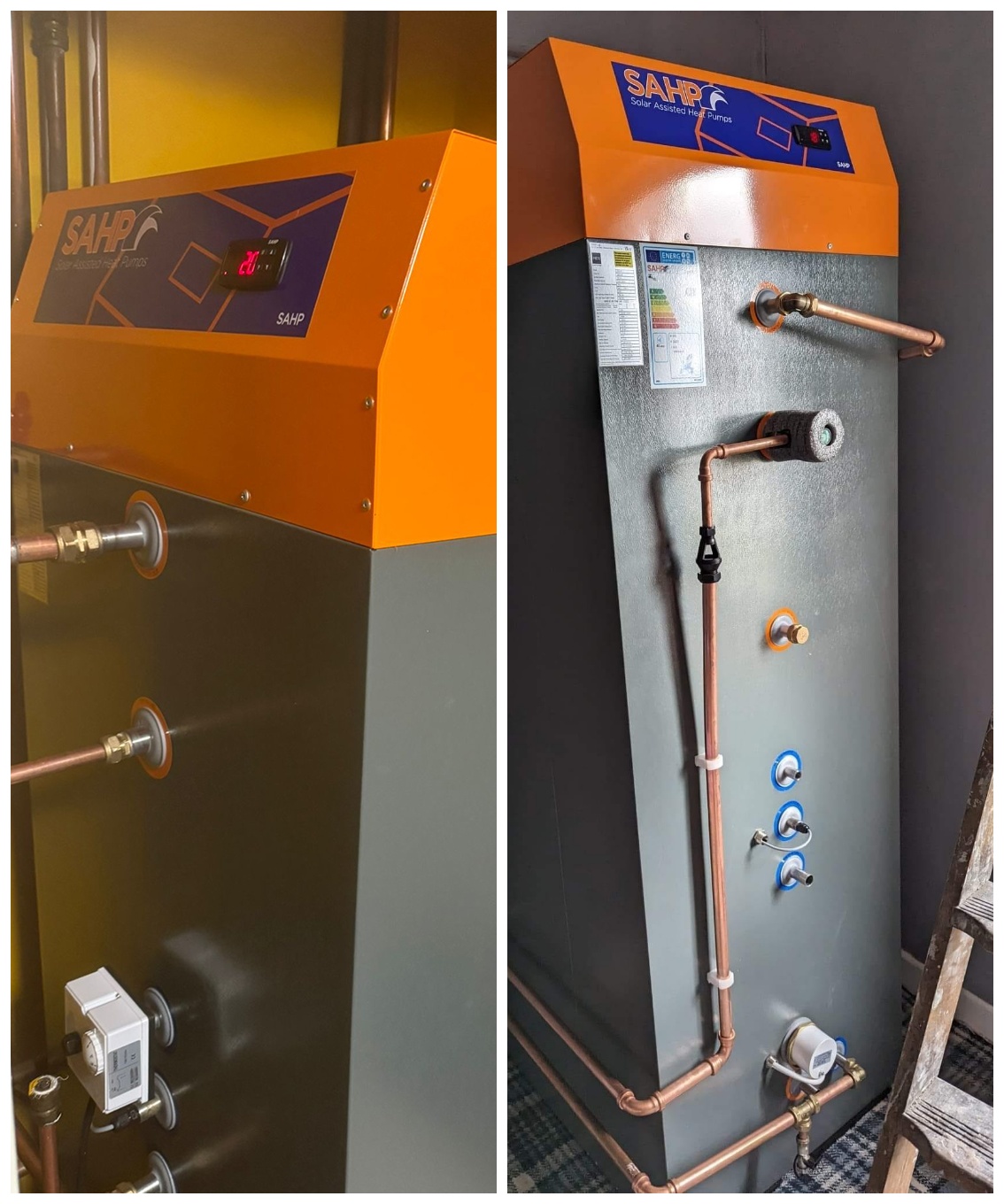 Collage of solar heat pump units installed by certified technicians with sleek, space-saving design and optimal energy output
