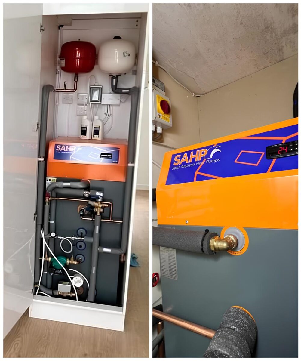 Side-by-side view of solar-assisted heat pump setup showing clean, professional installation and smart energy-saving layout