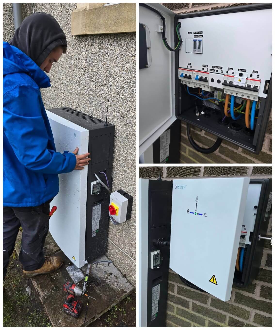 Outdoor-mounted solar battery providing a clean and compact home energy solution in a suburban residential setting.