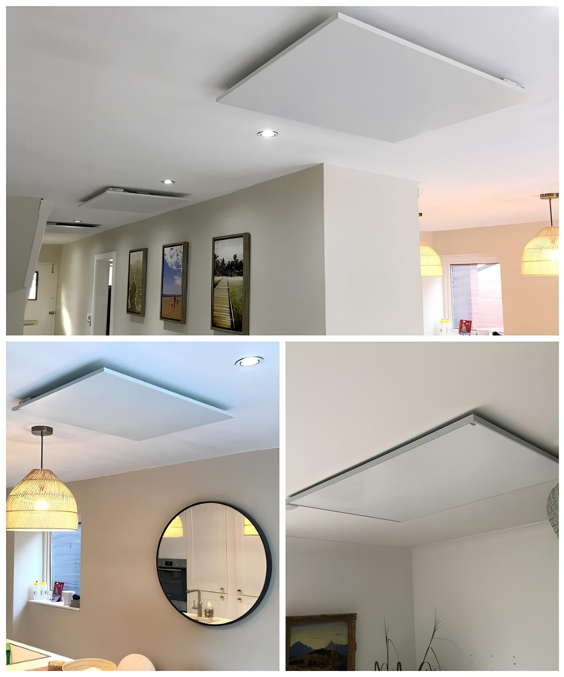 Sleek ceiling-mounted infrared heating panel fitted by professionals, delivering efficient and silent warmth with style.