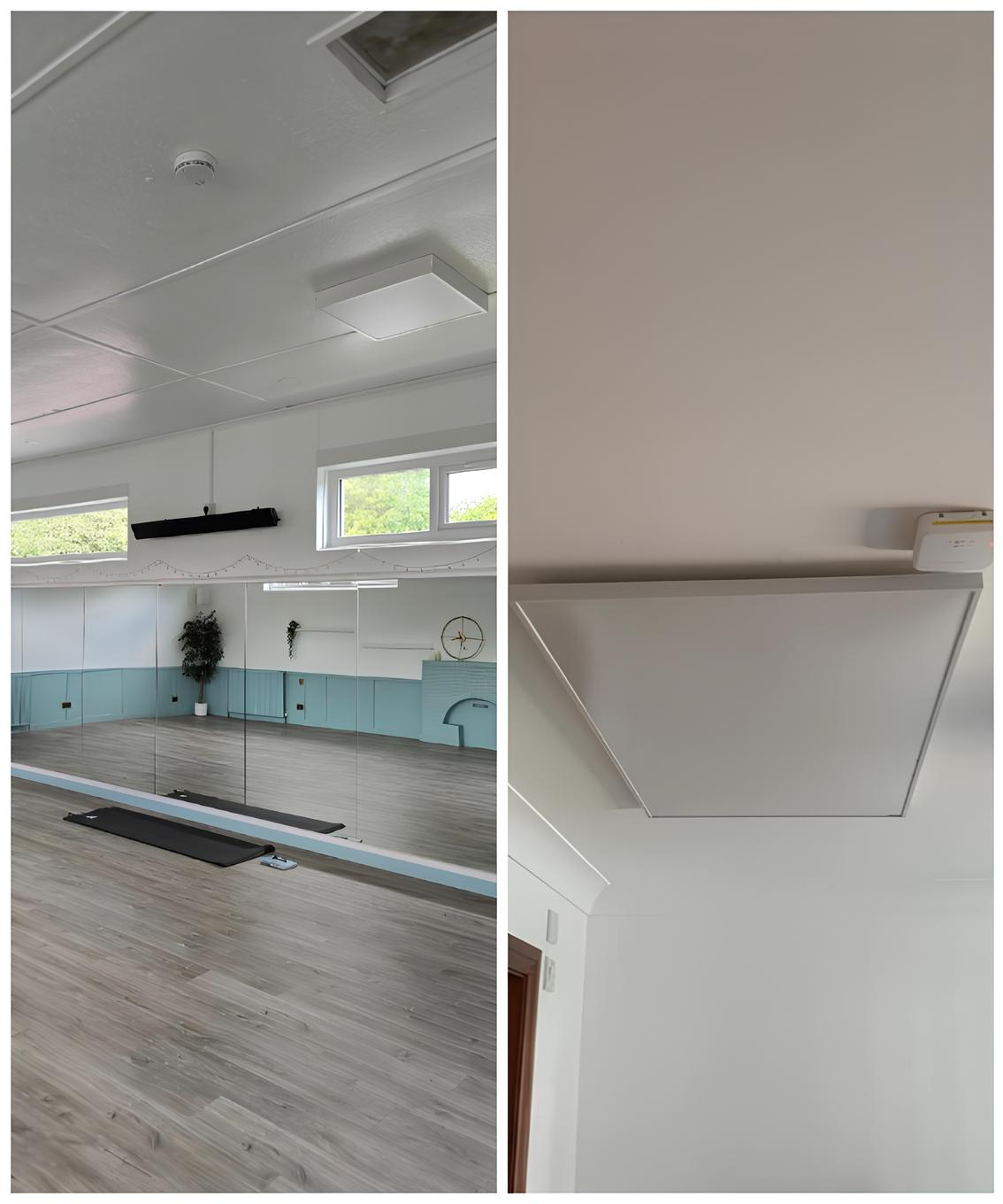 Frameless infrared heater professionally installed, offering an elegant and energy-saving heating solution.